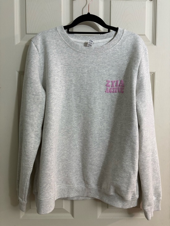 Zyia Active Sweaters - Zyla Active Women's Gray Fleece Lines Crewneck Sweatshirt with Pink Puff Logo